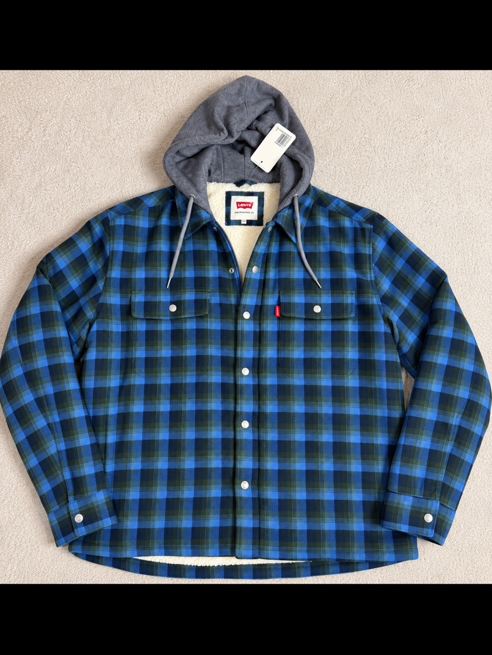 Levi's Blue & Green Plaid Sherpa Hoodie Shirt Jacket